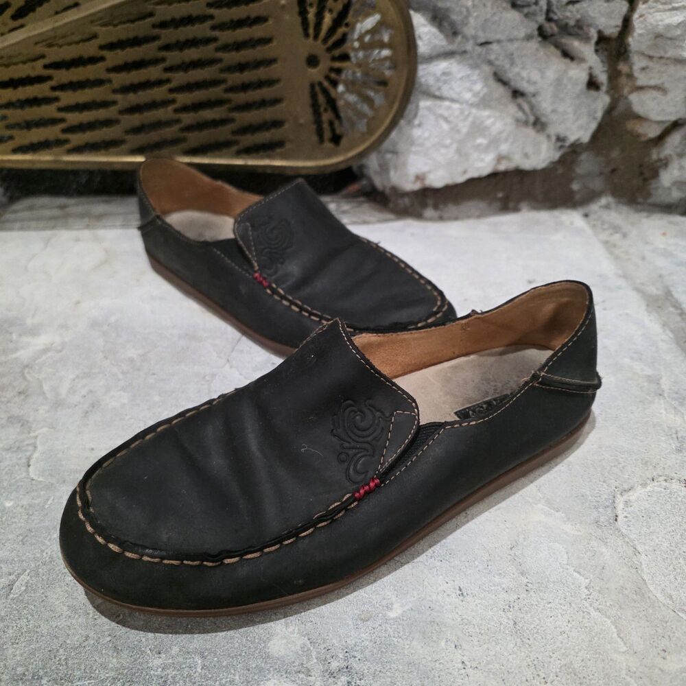 Olukai Nohea Nubuck Women Size 8.5 Black Leather Orthopedic Slip On Shoe